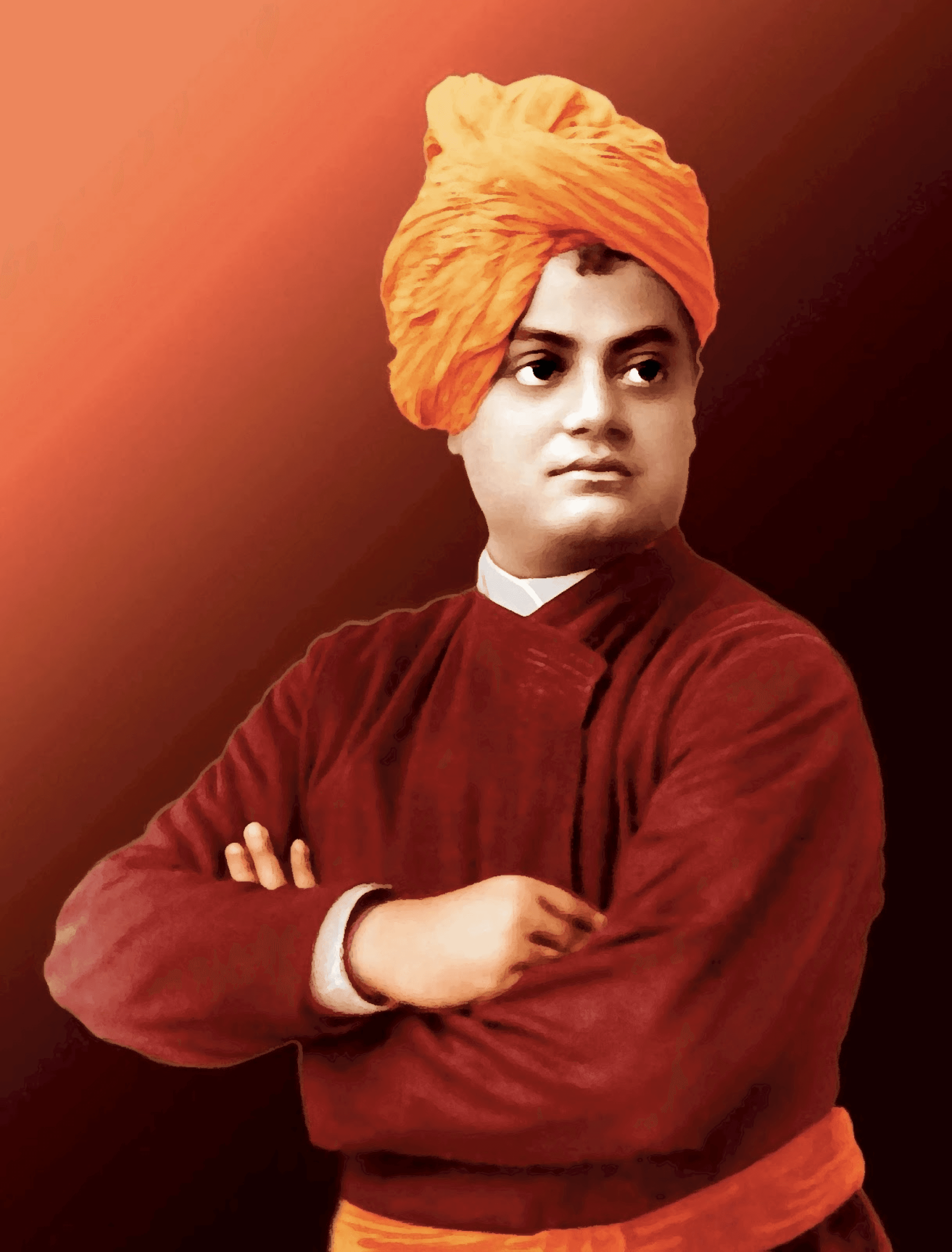 Portrait of Swami Vivekananda, arms folded, in an ochre turban