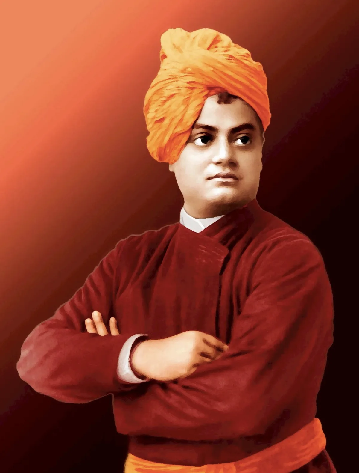 Portrait of Swami Vivekananda, arms folded, in an ochre turban
